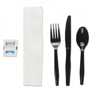 Boardwalk BWKFKTNSMWPSBLA Six-Piece Cutlery Kit, Condiment/Fork/Knife/Napkin/Teaspoon, Black, 250/Carton