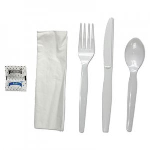 Boardwalk BWKFKTNSHWPSWH 6-Pc. Cutlery Kit, Condiment/Fork/Knife/Napkin/Spoon, Heavyweight, White, 250/CT