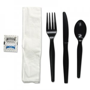 Boardwalk BWKFKTNSHWPSBLA 6-Pc. Cutlery Kit, Condiment/Fork/Knife/Napkin/Spoon, Heavyweight, Black, 250/CT