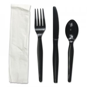 Boardwalk BWKFKTNMWPSBLA Four-Piece Cutlery Kit, Fork/Knife/Napkin/Teaspoon, Black, 250/Carton