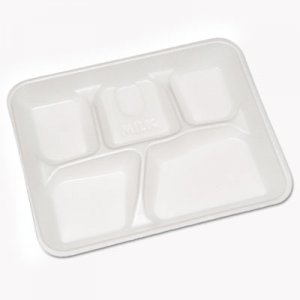 Pactiv PCTYTH10500SGBX Lightweight Foam School Trays, White, 5-Compartment, 8 1/4 x 10 1/2, 500/Carton