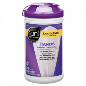Sani Professional NICP44584EA Antibacterial Wipes, 7.5 x 5, White, 300 Wipes/Canister