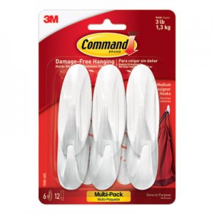 Command MMM170816ES Designer Hooks, Plastic, White, 3 lb Cap, 6 Hooks and 12 Strips/Pack