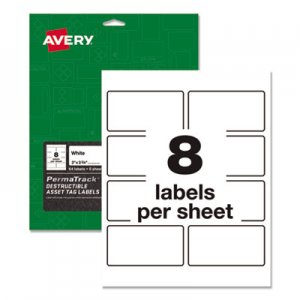 Avery AVE60539 PermaTrack Destructible Asset Tag Labels, Laser Printers, 2 x 3.75, White, 8/Sheet, 8 Sheets/Pack