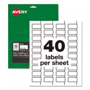 Avery AVE61525 PermaTrack Durable White Asset Tag Labels, Laser Printers, 0.75 x 1.5, White, 40/Sheet, 8 Sheets