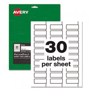 Avery AVE61526 PermaTrack Durable White Asset Tag Labels, Laser Printers, 0.75 x 2, White, 30/Sheet, 8 Sheets/Pack