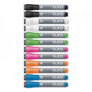 U Brands UBR2913U0012 Bullet Tip Low-Odor Liquid Glass Markers with Erasers, Assorted Colors, 12/Pack