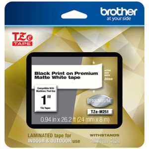 Brother BRTTZEM251 TZe Premium Laminated Tape, 0.94" x 26.2 ft, Black on White
