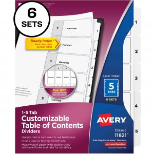 Avery 11821 Avery Ready Index 5 Tab Dividers, Customizable TOC, 6 Sets