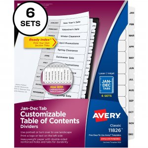 Avery 11826 Ready Index Jan-Dec 12 Tab Dividers, Customizable TOC, 6 Sets