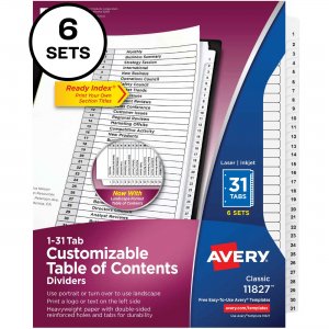Avery 11827 Avery Ready Index 31 Tab Dividers, Customizable TOC, 6 Sets