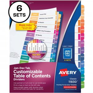 Avery 11830 Avery Ready Index 12 Tab Dividers, Customizable TOC, 6 Sets