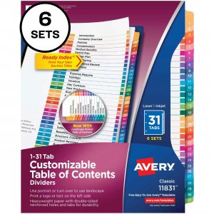 Avery 11831 Avery Ready Index 31 Tab Dividers, Customizable TOC, 6 Sets