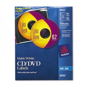 Avery AVE8692 Inkjet CD Labels, Matte White, 40/Pack