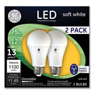 GE GEL93127324 75W LED Bulbs, 12 W, A19 Bulb, Soft White, 2/Pack