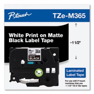 Brother P-Touch BRTTZEM365 TZe Standard Adhesive Laminated Labeling Tape, 1.4" x 26.2 ft, White on Matte Black