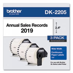 Brother BRTDK22053PK Continuous Paper Label Tape, 2.4" x 100 ft, White, 3 Rolls/Pack