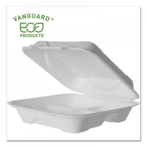 Eco-Products ECOEPHC93NFA Vanguard Renewable and Compostable Sugarcane Clamshells, 3-Compartment, 9 x 9 x 3, White, 200/Carton