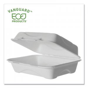 Eco-Products ECOEPHC96NFA Vanguard Renewable and Compostable Sugarcane Clamshells, 1-Compartment, 9 x 6 x 3, White, 250/Carton