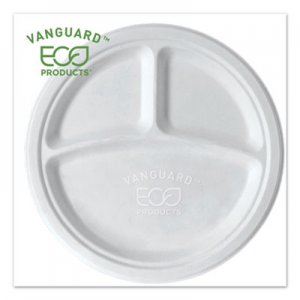 Eco-Products ECOEPP007NFA Vanguard Renewable and Compostable Sugarcane Plates, 3 Compartment, 10", White, 500/Carton