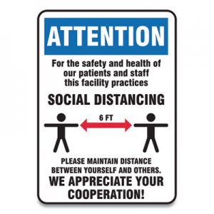Accuform GN1MGNG903VPESP Social Distance Signs, Wall, 7 x 10, Patients and Staff Social Distancing, Humans/Arrows, Blue/White, 10/Pack