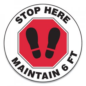 Accuform GN1MFS390ESP Slip-Gard Social Distance Floor Signs, 17" Circle, "Stop Here Maintain 6 ft", Footprint, Red/White, 25/Pack