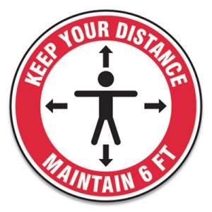 Accuform GN1MFS347ESP Slip-Gard Social Distance Floor Signs, 17" Circle, "Keep Your Distance Maintain 6 ft", Human/Arrows, Red/White