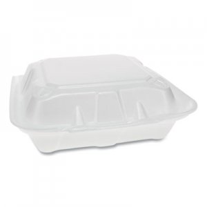 Pactiv PCTYTD18803ECON Foam Hinged Lid Containers, Dual Tab Lock Economy, 3-Compartment, 8.42 x 8.15 x 3, White