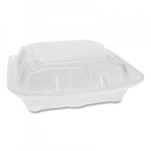 Pactiv PCTYTD188030000 Foam Hinged Lid Containers, Dual Tab Lock, 3-Compartment, 8.42 x 8.15 x 3, White, 150