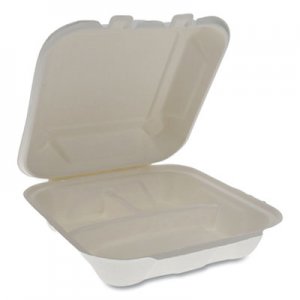Pactiv PCTYMCH08030001 EarthChoice Bagasse Hinged Lid Container, 3-Compartment, Dual Tab Lock, 7.8 x 7.8 x 2.8