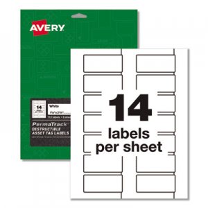 Avery AVE60537 PermaTrack Destructible Asset Tag Labels, Laser Printers, 1.25 x 2.75, White, 14/Sheet, 8 Sheets/Pack