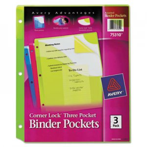 Avery AVE75310 Corner Lock Three-Pocket Binder Pocket, 11 1/4 x 9 1/4, Assorted Color, 3/Pack