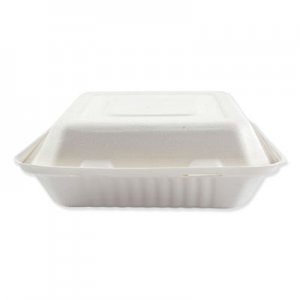 Boardwalk BWKHINGEWF3CM9 Bagasse Molded Fiber Food Containers, Hinged-Lid, 3-Compartment 9 x 9 x 3.19, White, 100/Sleeve