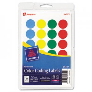 Avery 05472 Printable Removable Color-Coding Labels, 3/4" dia, Assorted, 1008/Pack