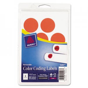 Avery AVE05497 Printable Removable Color-Coding Labels, 1 1/4" dia, Neon Red, 400/Pack