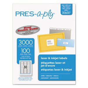 PRES-a-ply 30600 Laser Address Labels, 1 x 2 5/8, White, 3000/Box