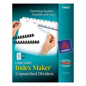 Avery 11443 Print & Apply Clear Label Unpunched Dividers, 5-Tab, Ltr, 25 Sets
