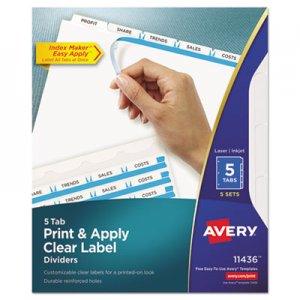 Avery 11436 Print & Apply Clear Label Dividers w/White Tabs, 5-Tab, Letter, 5 Sets