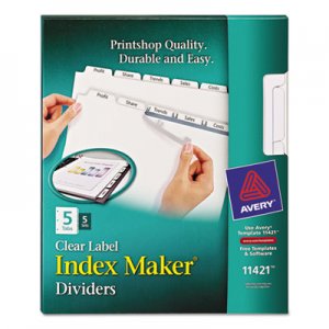 Avery 11421 Print & Apply Clear Label Dividers w/White Tabs, Copiers, 5-Tab, Letter, 5 Sets
