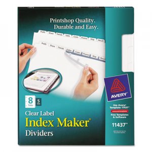 Avery 11437 Print & Apply Clear Label Dividers w/White Tabs, 8-Tab, Letter, 5 Sets