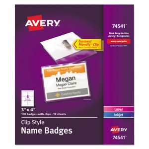 Avery AVE74541 Clip-Style Name Badge Holder with Laser/Inkjet Insert, Top Load, 4 x 3, White, 100/Box