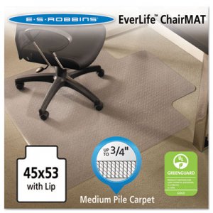ES Robbins 122173 EverLife Chair Mats For Medium Pile Carpet With Lip, 45 x 53, Clear