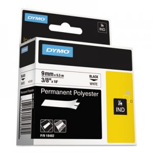 DYMO 18482 Rhino Permanent Poly Industrial Label Tape, 3/8" x 18 ft, White/Black Print