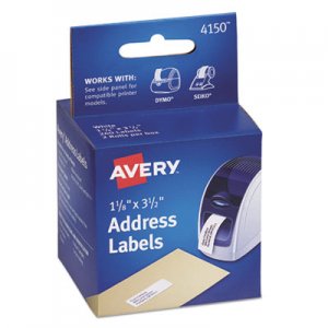 Avery 4150 Thermal Printer Address Labels, 1 1/8 x 3 1/2, White, 130/Roll, 2 Rolls