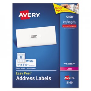 Avery 5160 Easy Peel Mailing Address Labels, Laser, 1 x 2 5/8, White, 3000/Box