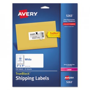 Avery 5263 Shipping Labels w/Ultrahold Ad & TrueBlock, Laser, 2 x 4, White, 250/Pack