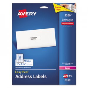 Avery 5260 Easy Peel Laser Address Labels, 1 x 2 5/8, White, 750/Pack
