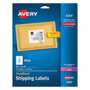 Avery 5264 Shipping Labels with TrueBlock Technology, Laser, 3 1/3 x 4, White, 150/Pack
