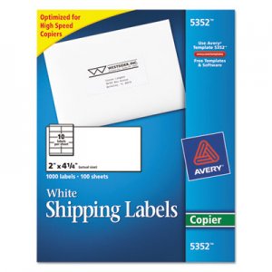 Avery 5352 Copier Mailing Labels, 2 x 4 1/4, White, 1000/Box
