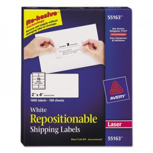 Avery 55163 Repositionable Shipping Labels, Laser, 2 x 4, White, 1000/Box